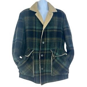 Sir Jac Vintage 60s Wool Plaid Sherpa-Lined Mackinaw Coat Size L Barn Jacket